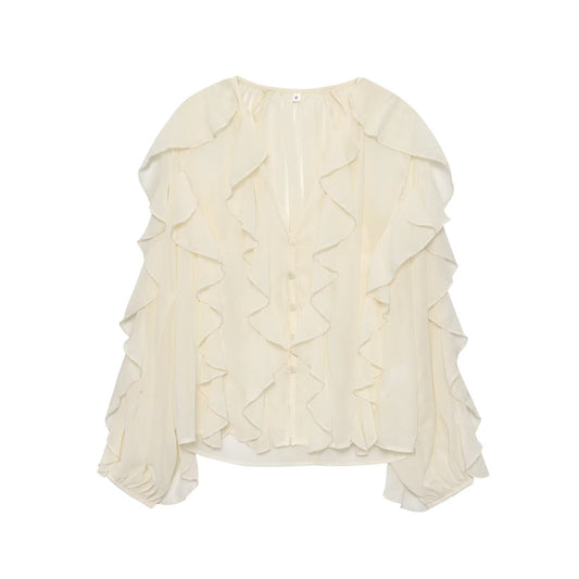 2025 Women's new fashion ruffled V-neck long sleeved shirt