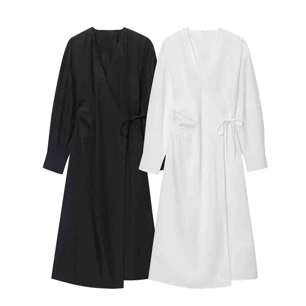 women's new fashion cotton V-neck wrapped shirt style MIDI dress