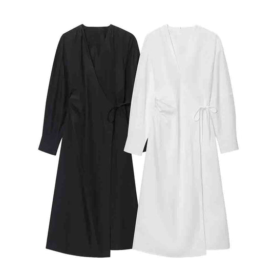 women's new fashion cotton V-neck wrapped shirt style MIDI dress