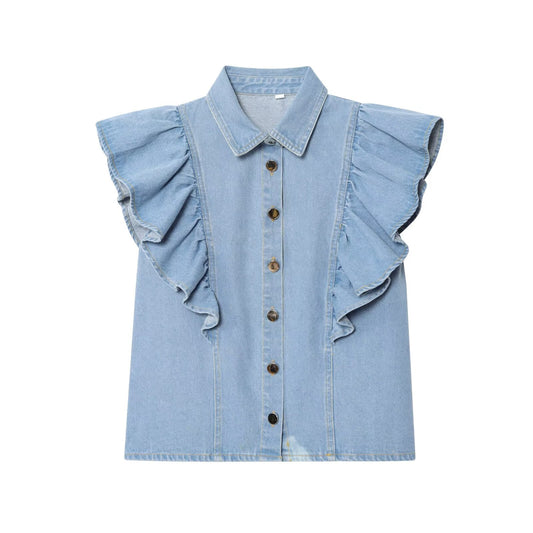 Women's new fashion layered decoration sleeveless denim shirt