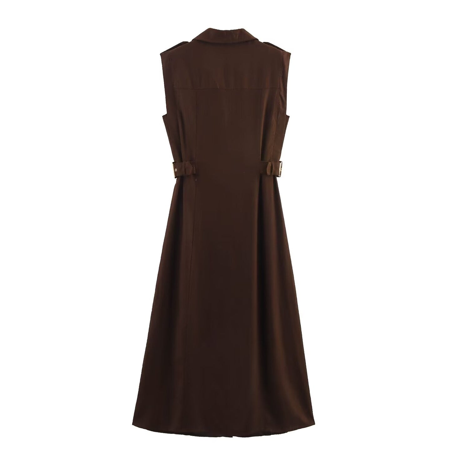 Women's new chic fashion flip decoration casual single breasted linen blended MIDI dress retro sleeveless women's dress