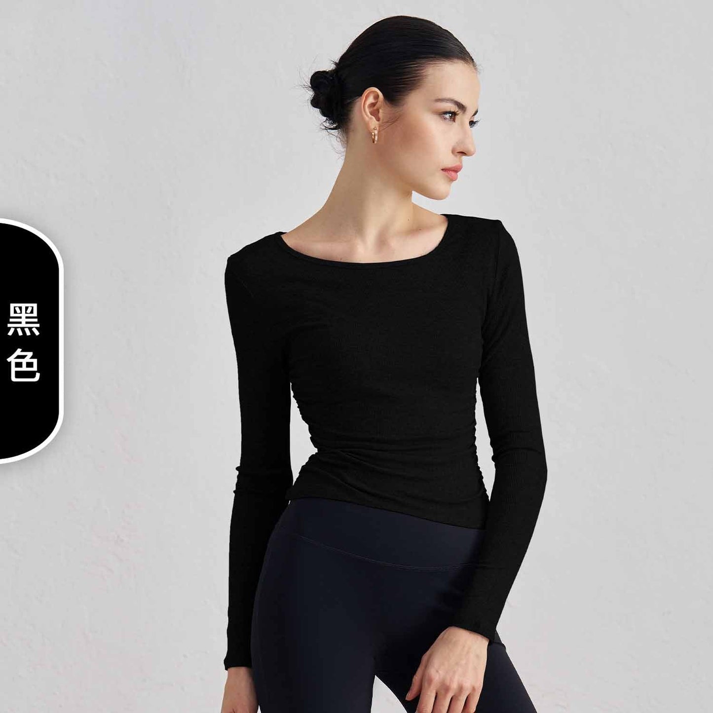 Women's New Ribbed Nude Yoga Clothes Pleated Slim Round Tie Finger Sleeve Fitness Long Sleeve Top