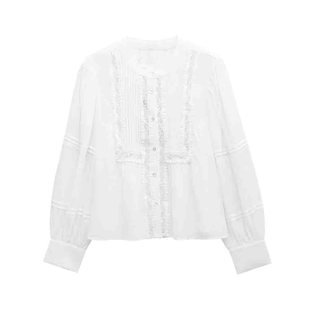 Women's new Fashion casual single breasted fine pleated lace shirt