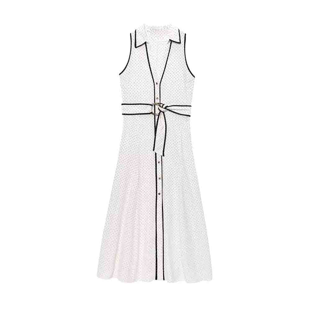 Women's chic fashion with Belt polka dot printed shirt style MIDI dress