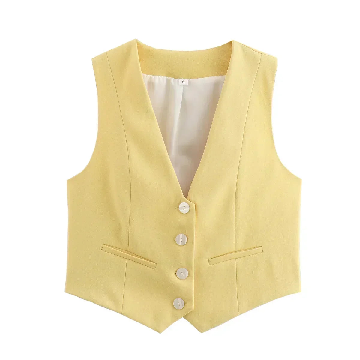 Women New Fashion Cropped V Neck Solid Casual Vest Vintage Sleeveless Button-up Female Waistcoat Chic Tops