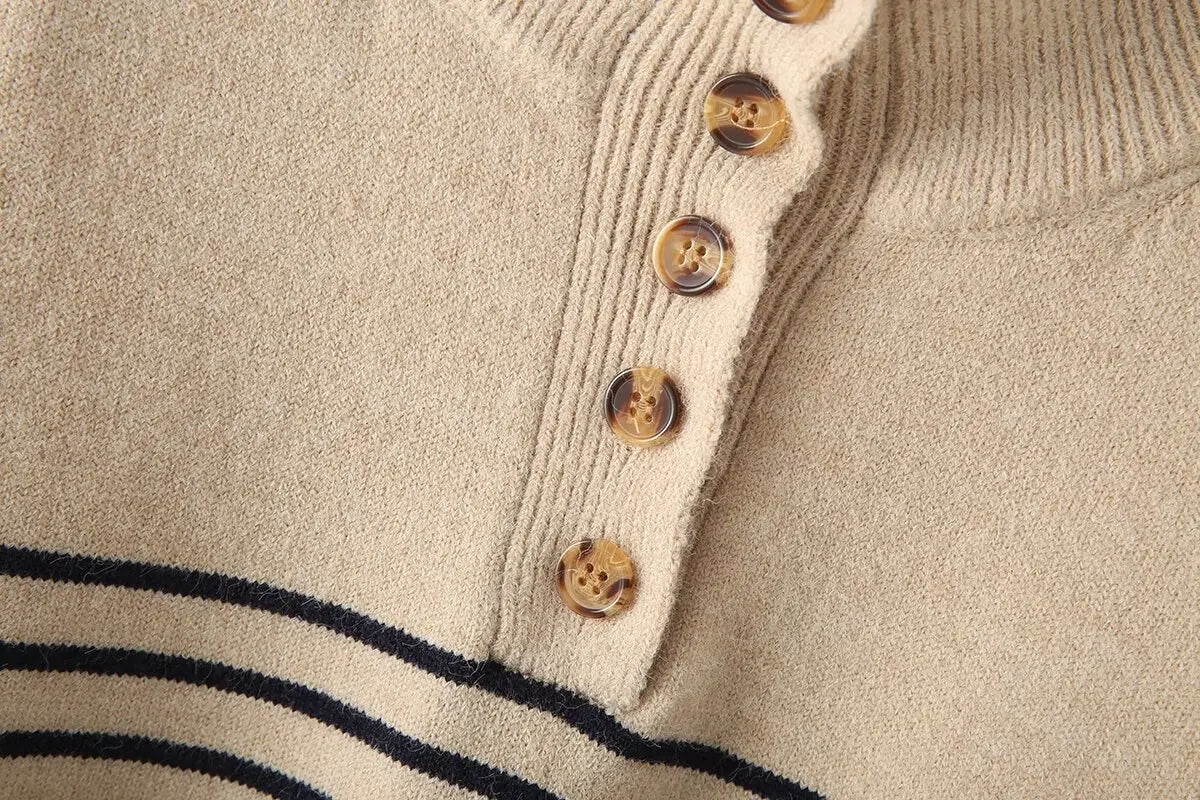 Women's new fashion button decoration casual stand collar striped knitted sweater retro long sleeved women's pullover chic top