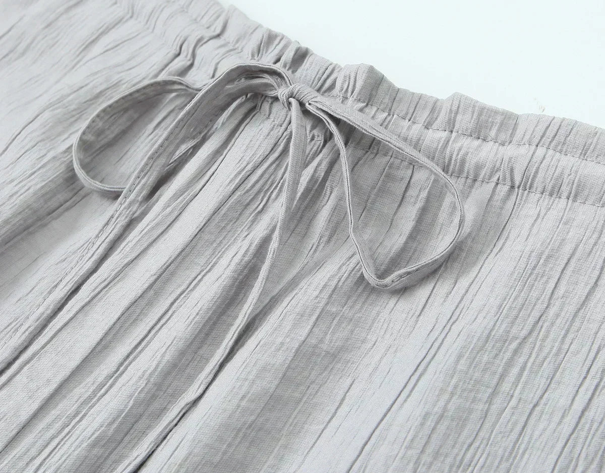 Women's new Chic Fashion loose side pocket pants casual versatile textured pants retro high waisted lace up women's pants