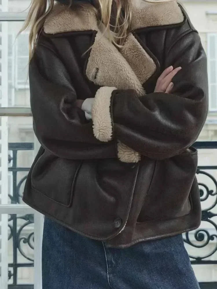 Women's winter new fashion loose single breasted double-sided Fur Faux Leather jacket retro long sleeved women's Coat chic top