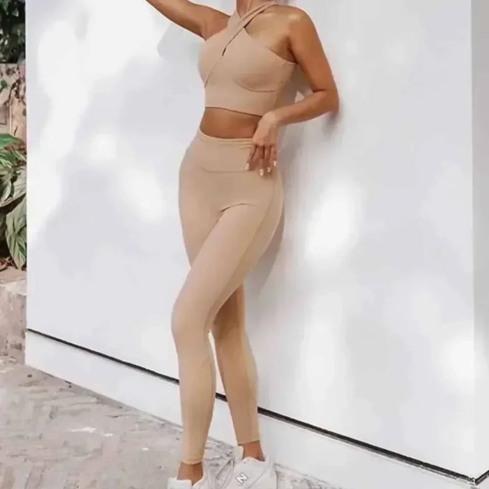 Women's New Chic Fashion Gathered Shockproof Beauty Vest Sports Bra Fitness Pants Yoga Suit