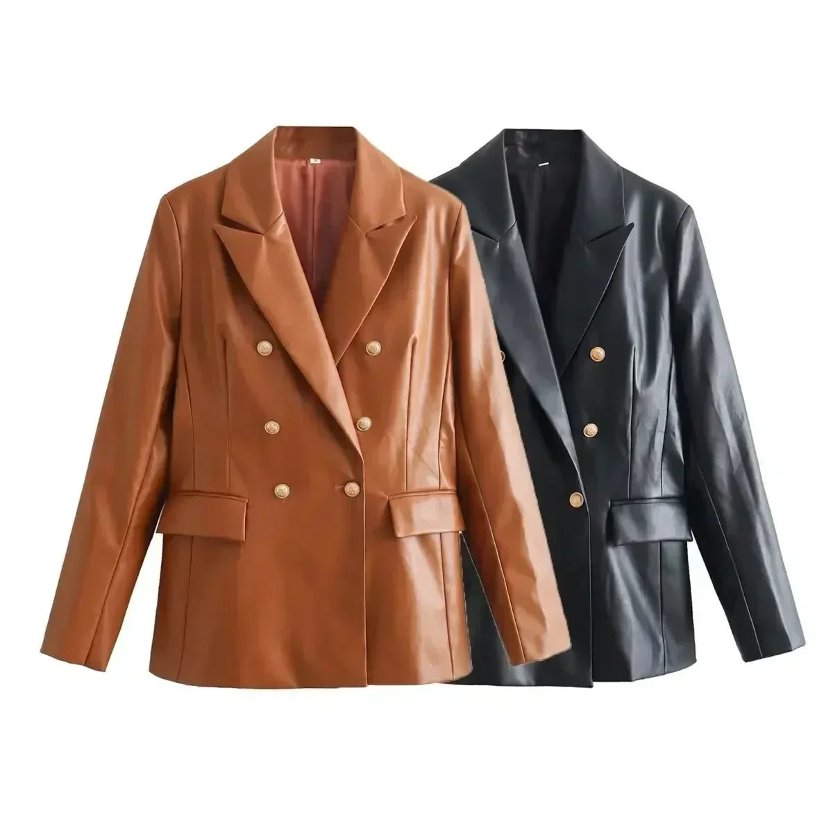 Women's 2024 New Fashion Flip Decoration Casual Double breasted PU Leather Suit Coat Retro Long sleeved Women's Coat