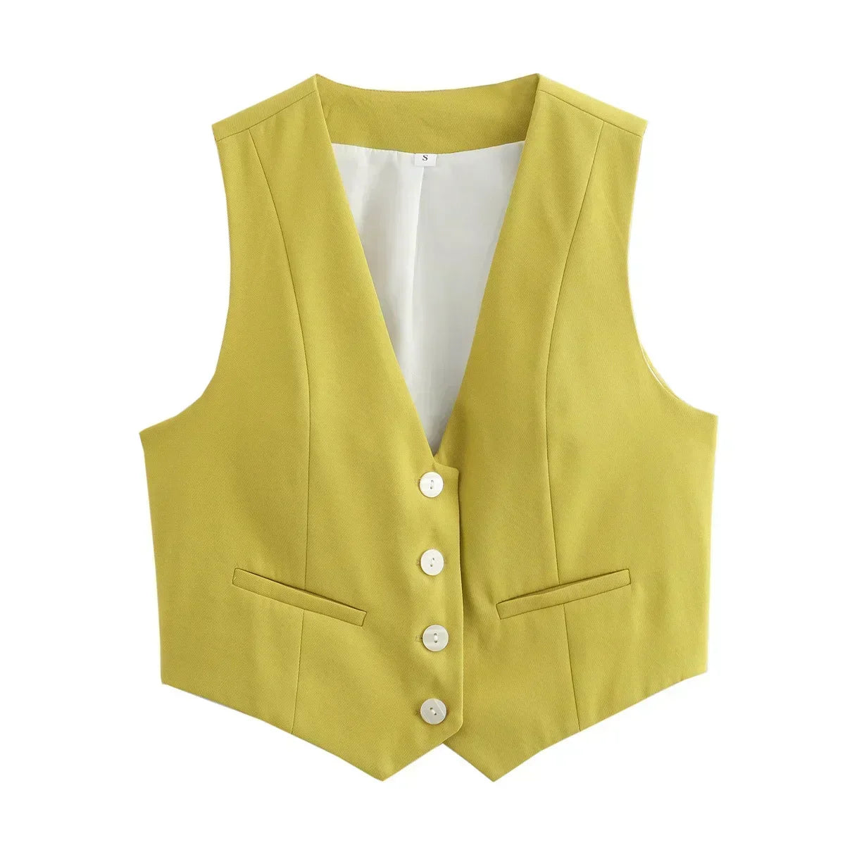 Women New Fashion Cropped V Neck Solid Casual Vest Vintage Sleeveless Button-up Female Waistcoat Chic Tops