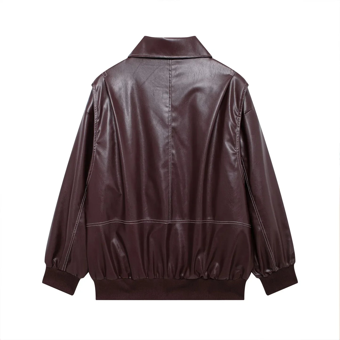 Women's new Fashion loose side pocket casual imitation leather jacket coat retro lapel long sleeved women's coat chic top