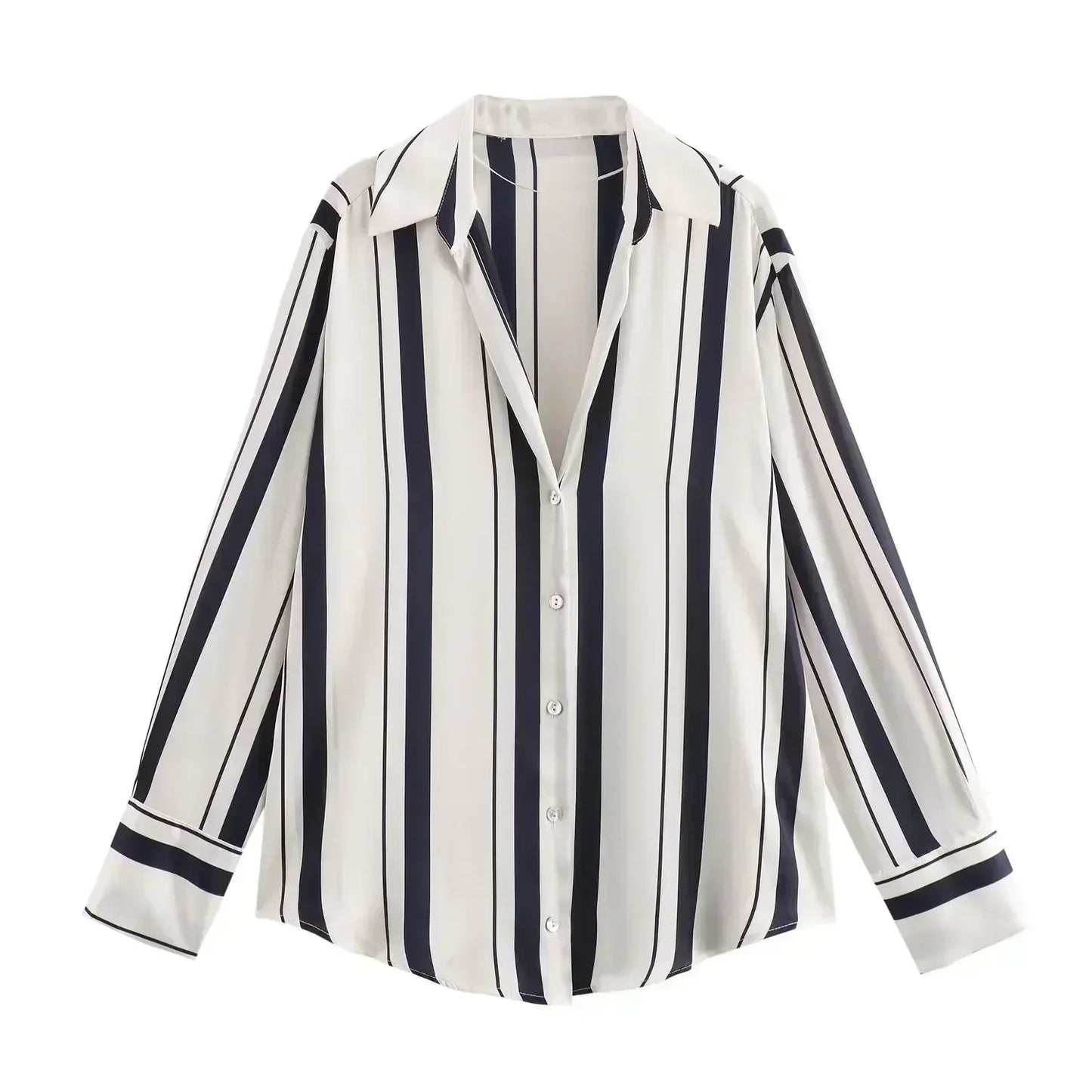 Women's new fashion loose printed striped shirt casual single breasted satin shirt retro long sleeved women's shirt chic top