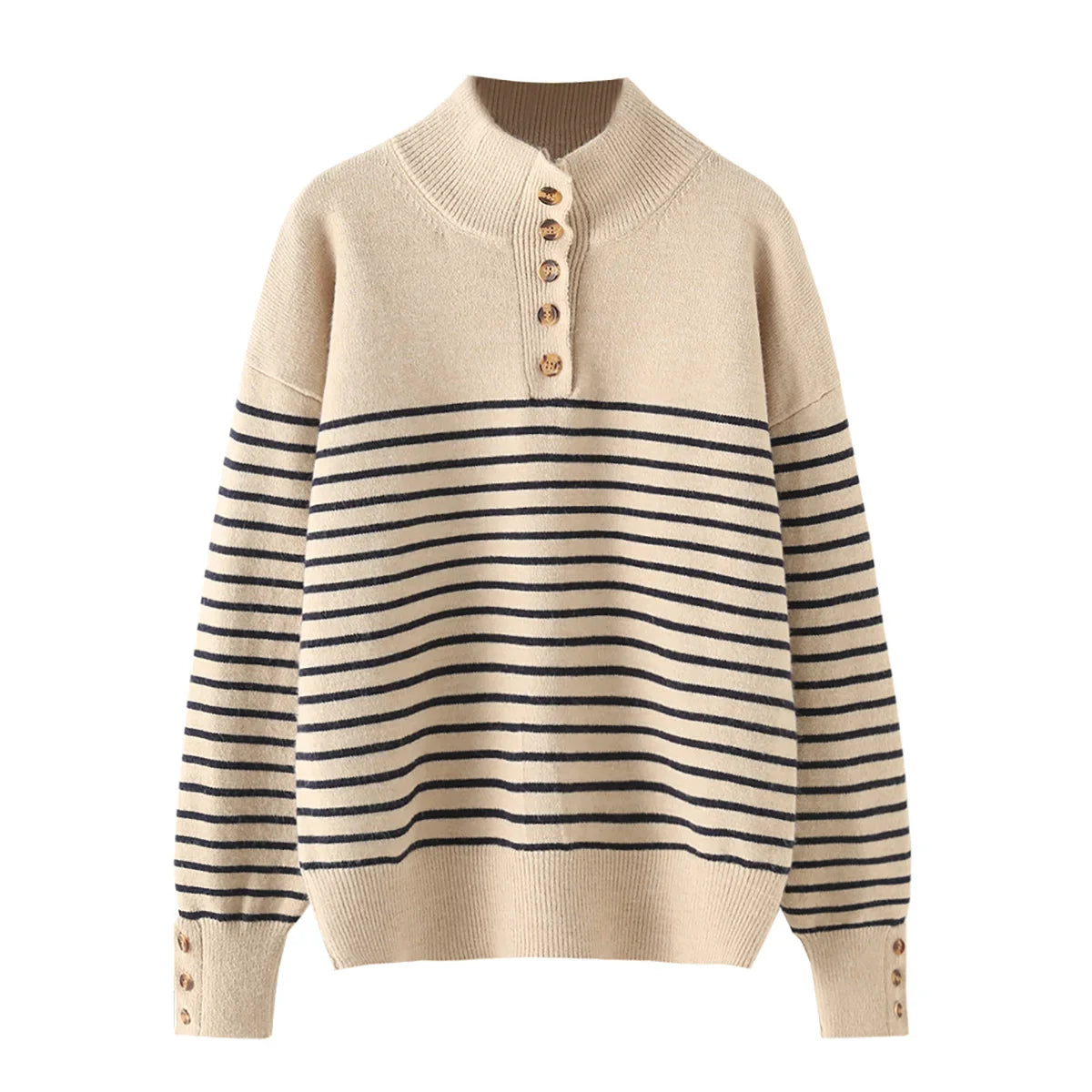 Women's new fashion button decoration casual stand collar striped knitted sweater retro long sleeved women's pullover chic top