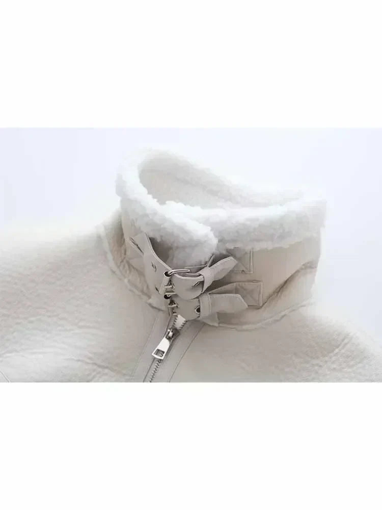 Women New Fashion With belt Cropped Fur Faux Leather Locomotive style Jacket Coat Vintage Long Sleeve Female Outerwear Chic Tops