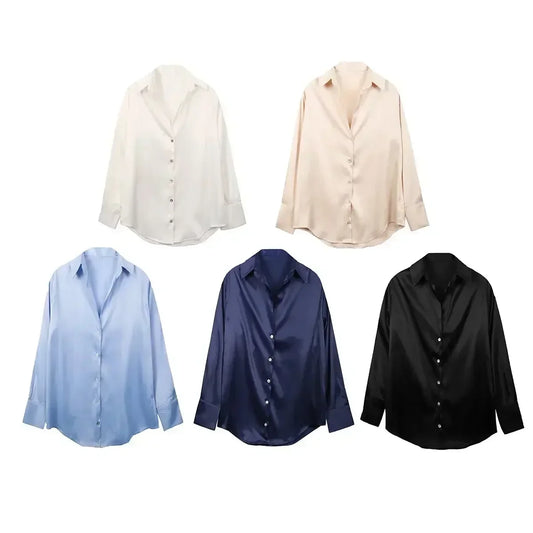 Women 2024 New Fashion Flowy Satin Loose Shirts Blouses Vintage Long Sleeve Button-up Female Shirts Tops