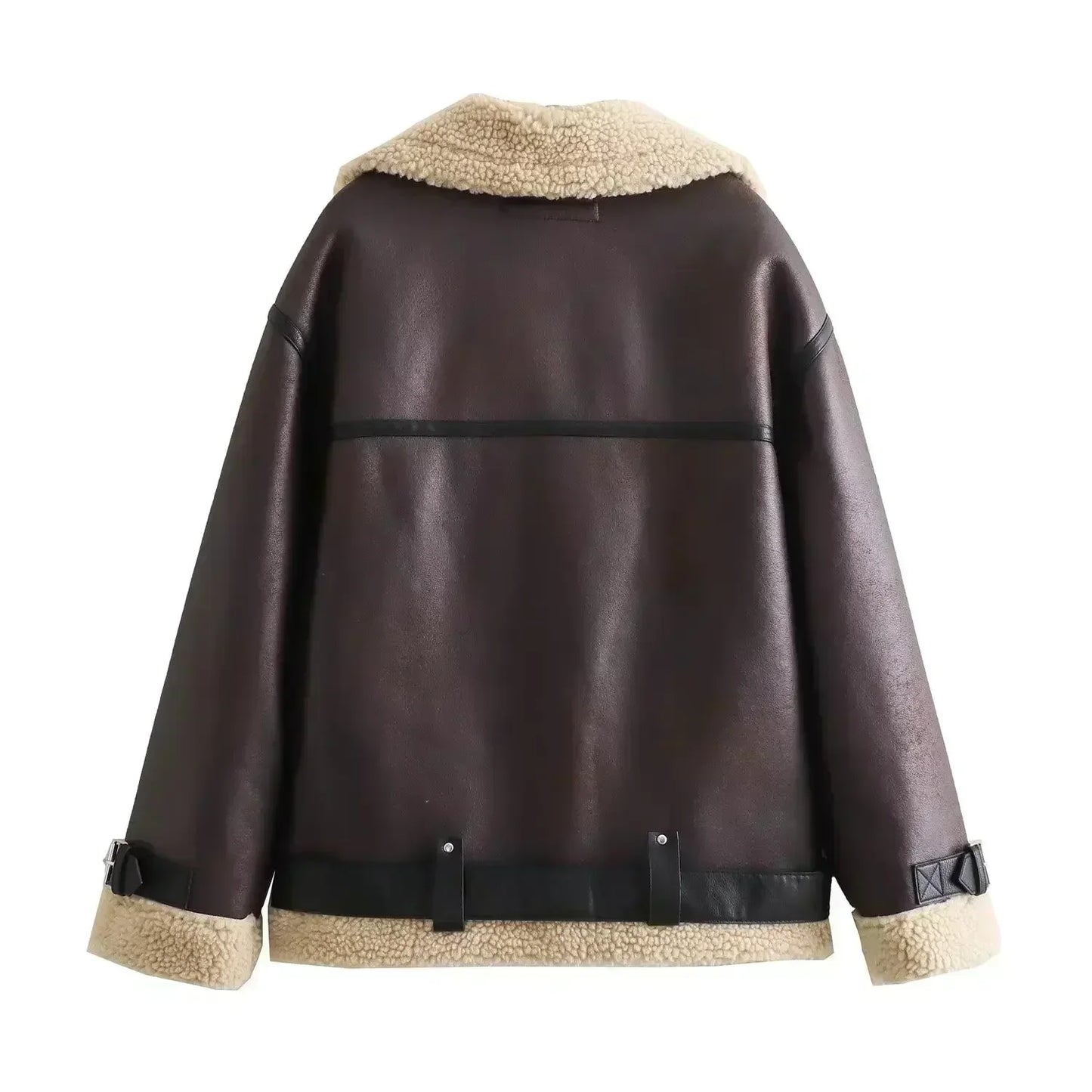 Women New Fashion With belt Warm two-sided Fur Faux Leather Jacket Coat Vintage Long Sleeve Zipper Female Outerwear Tops