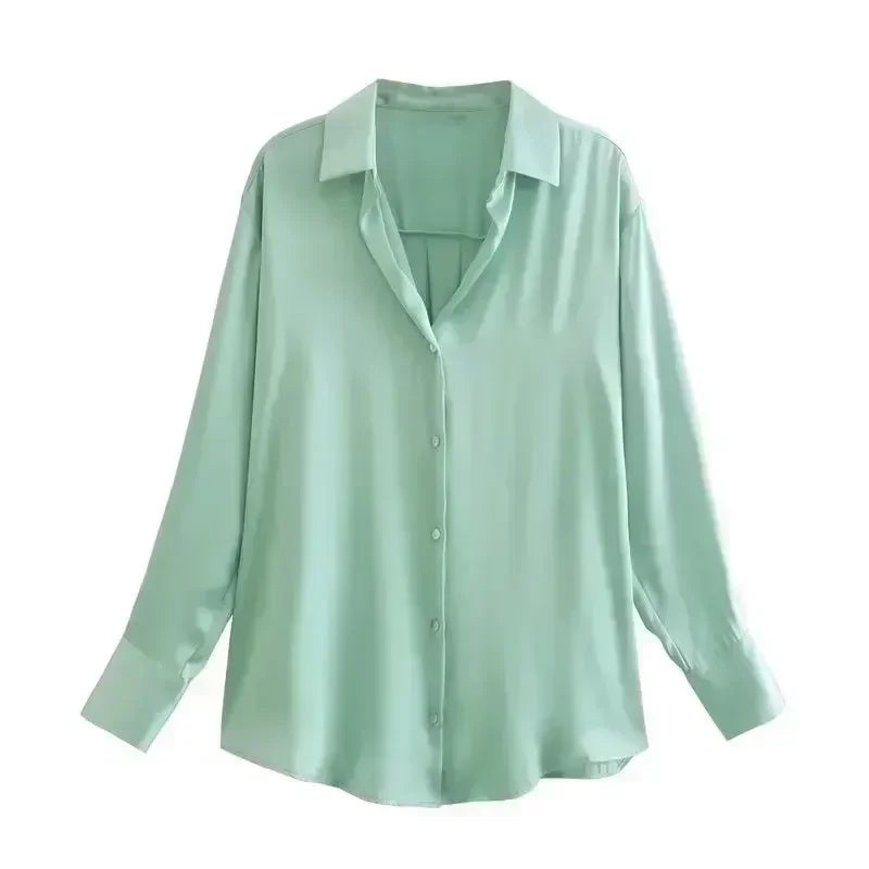 Women 2024 New Fashion Flowy Satin Loose Shirts Blouses Vintage Long Sleeve Button-up Female Shirts Chic Tops