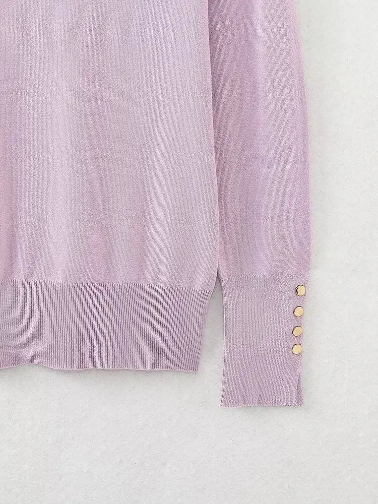 Women's new fashion Cuff button decoration casual versatile basic style knitted top retro high neck women's pullover chic top