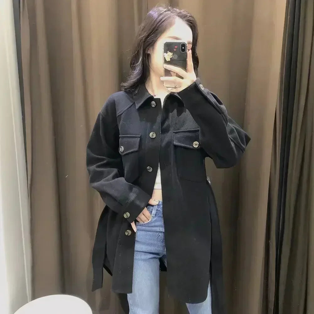 Women's 2024 new Fashion With belt loose single breasted shirt style warm woolen coat retro long sleeved women's coat chic