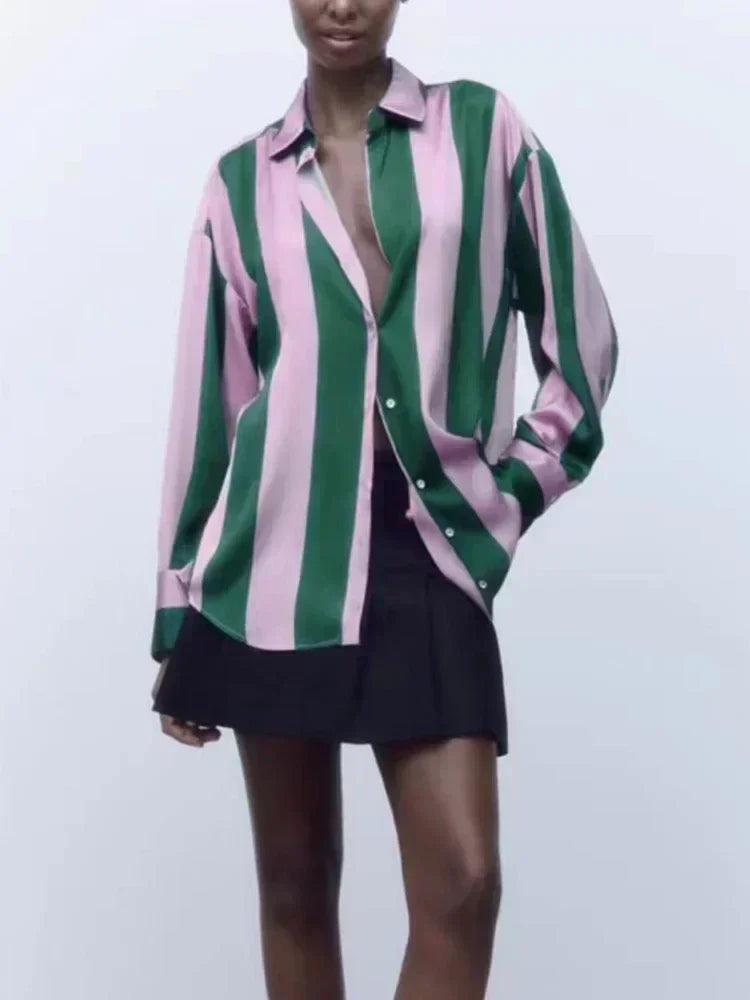 Women 2023 spring New Fashion Multicolor stripe Silk satin texture hang down Blouses Long Sleeve Button-up Female Shirts