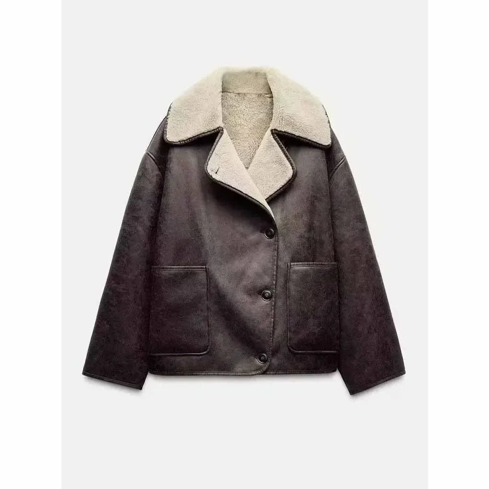 Women's winter new fashion loose single breasted double-sided Fur Faux Leather jacket retro long sleeved women's Coat chic top