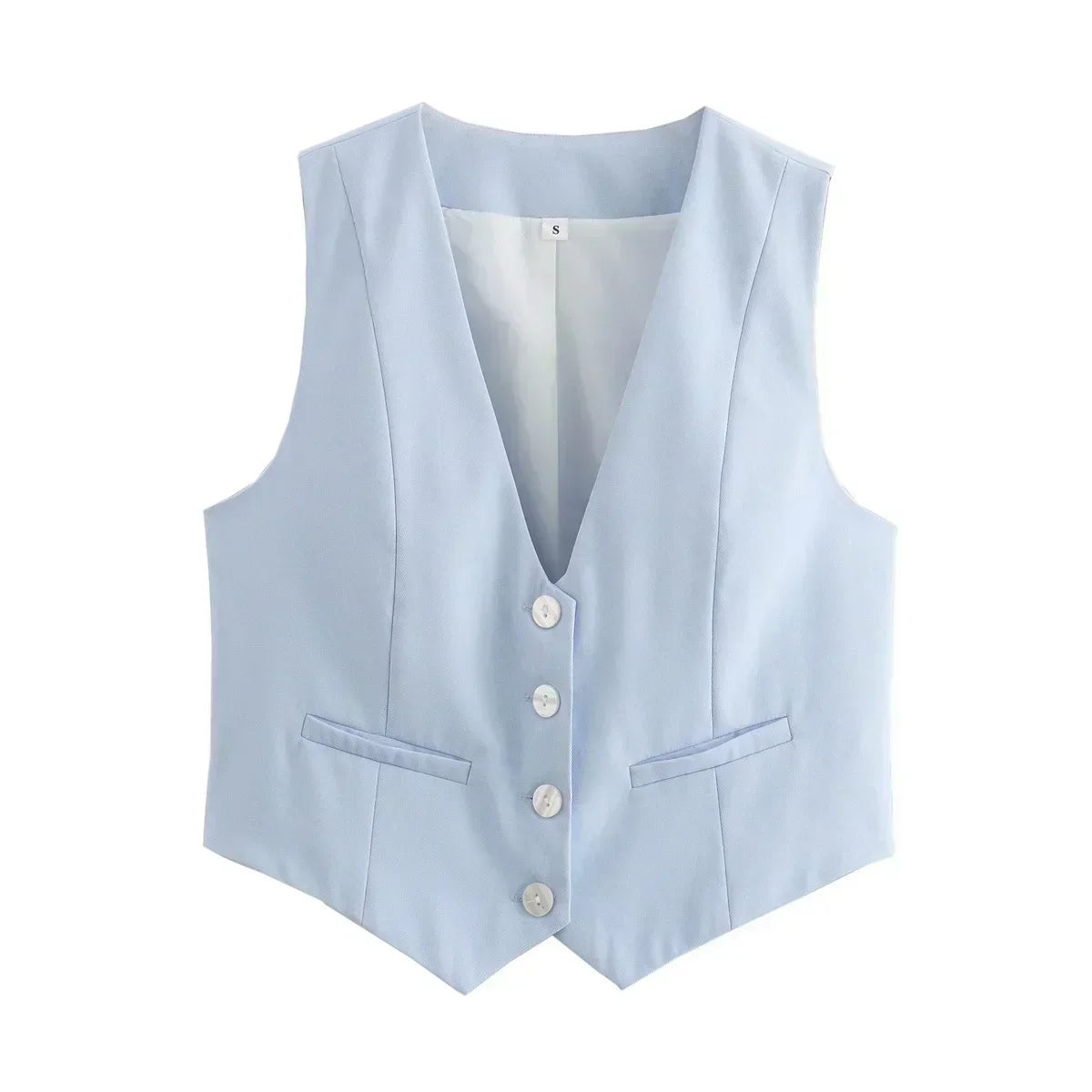Women New Fashion Cropped V Neck Solid Casual Vest Vintage Sleeveless Button-up Female Waistcoat Chic Tops
