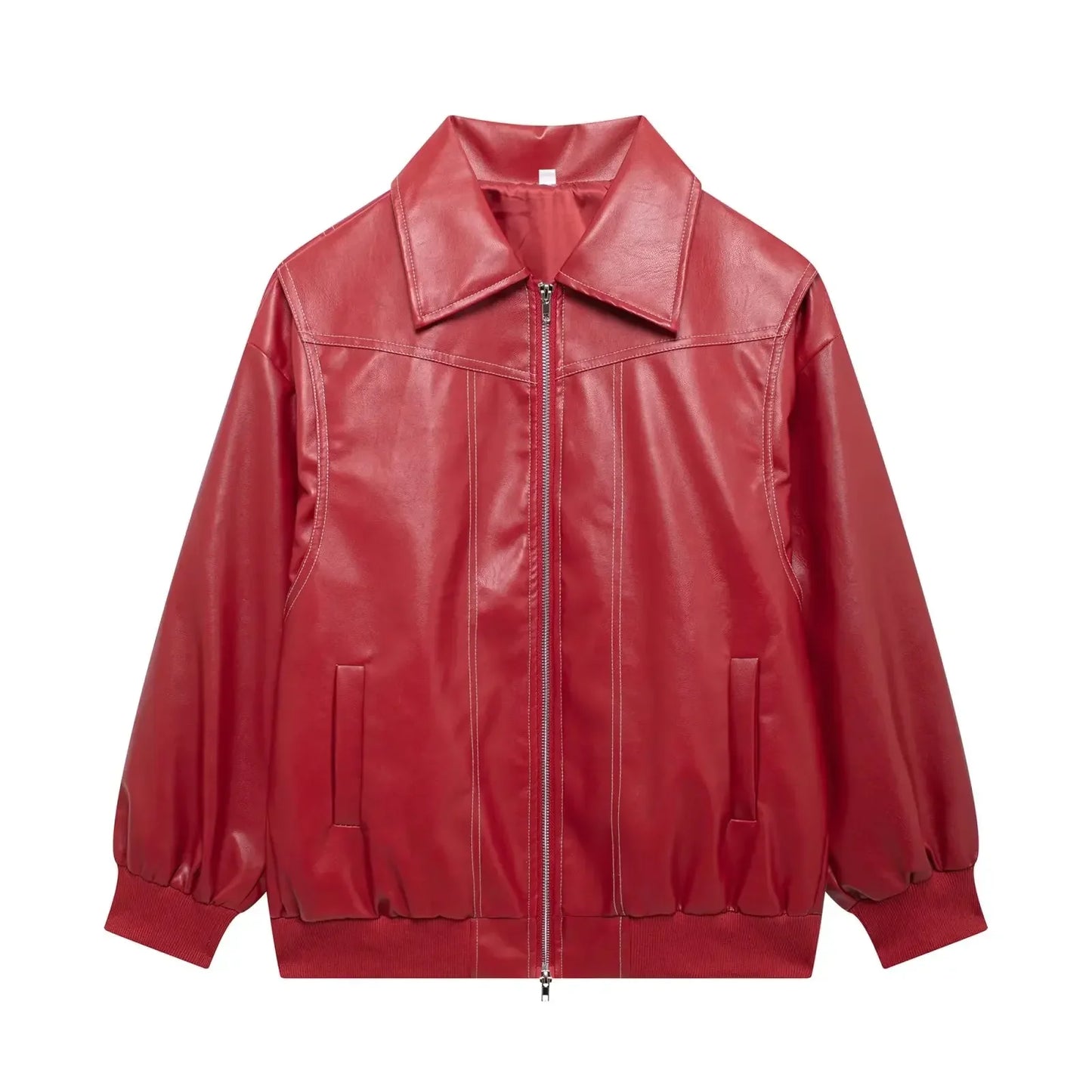 Women's new Fashion loose side pocket casual imitation leather jacket coat retro lapel long sleeved women's coat chic top