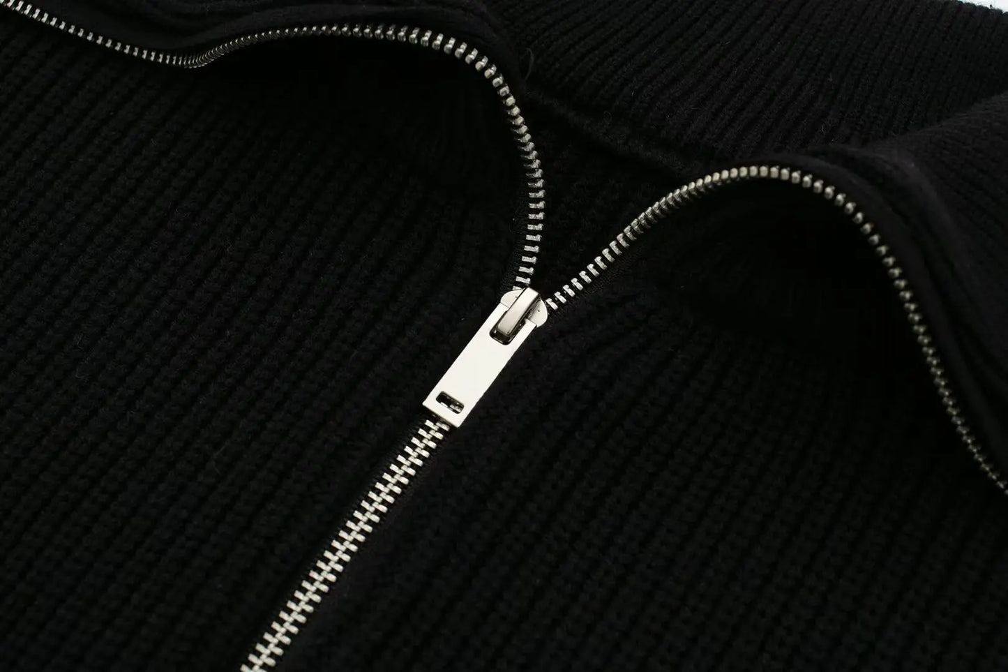 Women's New Fashion Zipper Decoration Casual Wool Blended Striped Knitted Sweater Retro Long Sleeve Women's Pullovers Chic Top