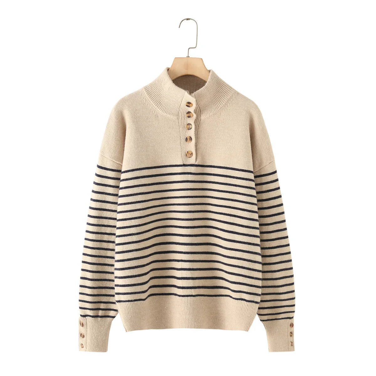 Women's new fashion button decoration casual stand collar striped knitted sweater retro long sleeved women's pullover chic top