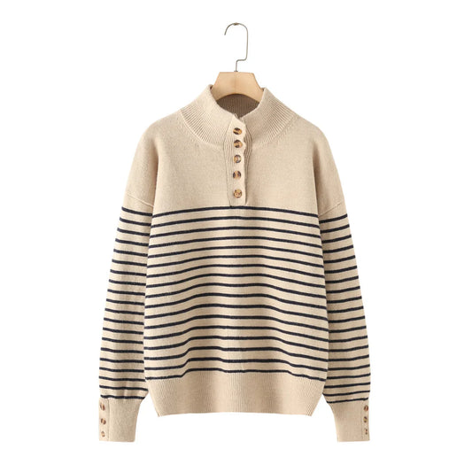 Women's new fashion button decoration casual stand collar striped knitted sweater retro long sleeved women's pullover chic top