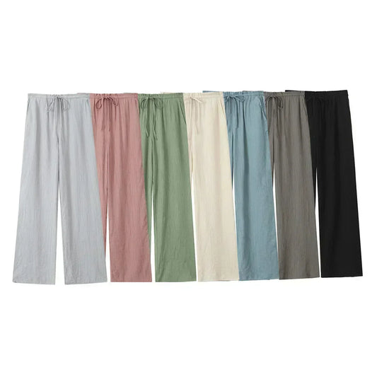 Women's new Chic Fashion loose side pocket pants casual versatile textured pants retro high waisted lace up women's pants