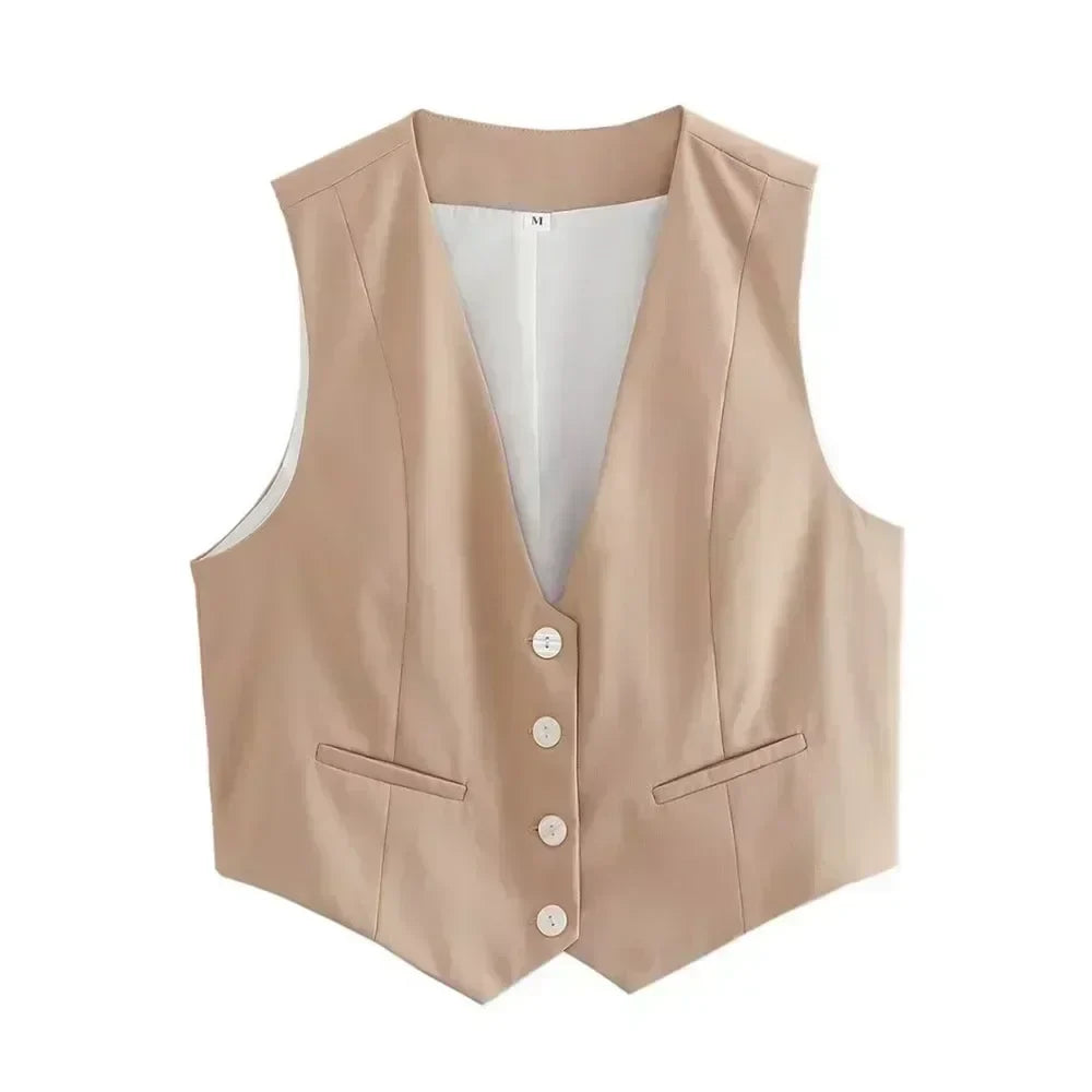 Women New Fashion Cropped V Neck Solid Casual Vest Vintage Sleeveless Button-up Female Waistcoat Chic Tops
