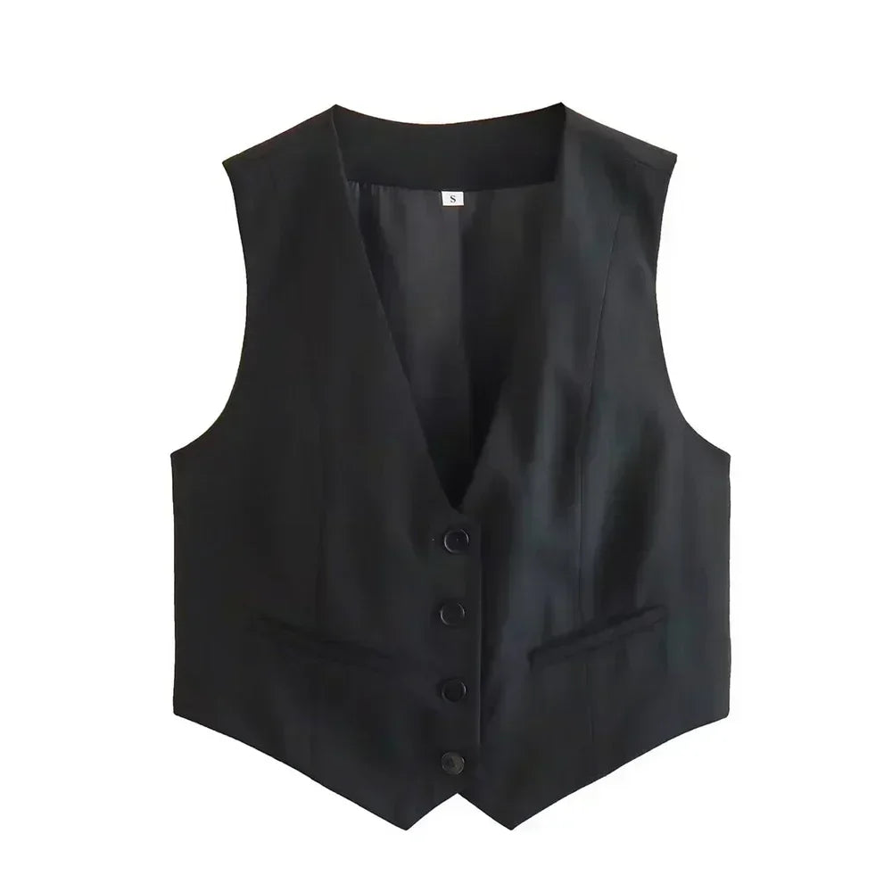 Women New Fashion Cropped V Neck Solid Casual Vest Vintage Sleeveless Button-up Female Waistcoat Chic Tops