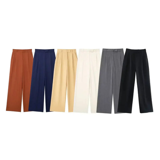 Women's 2024 New Fashion Multicolor Loose Side Pocket Casual Pleated Wide Leg Pants Retro High Waist Zipper Women's Pants