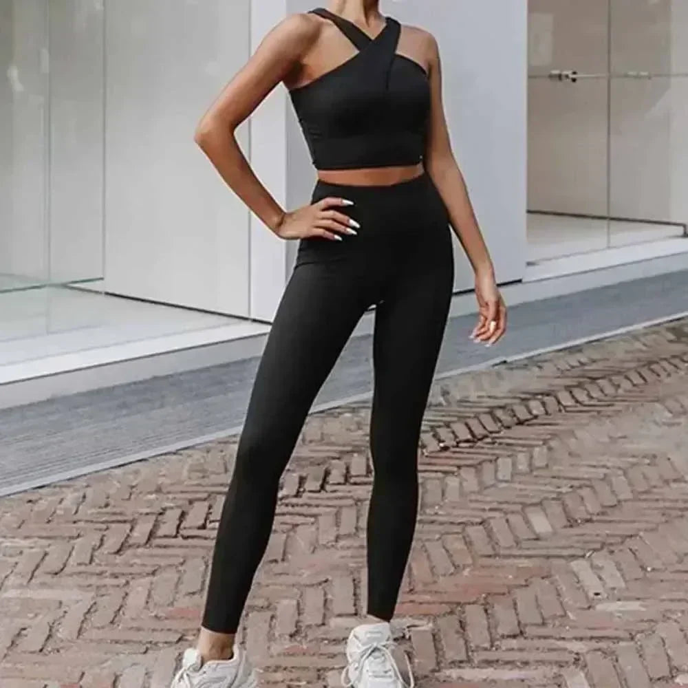 Women's New Chic Fashion Gathered Shockproof Beauty Vest Sports Bra Fitness Pants Yoga Suit