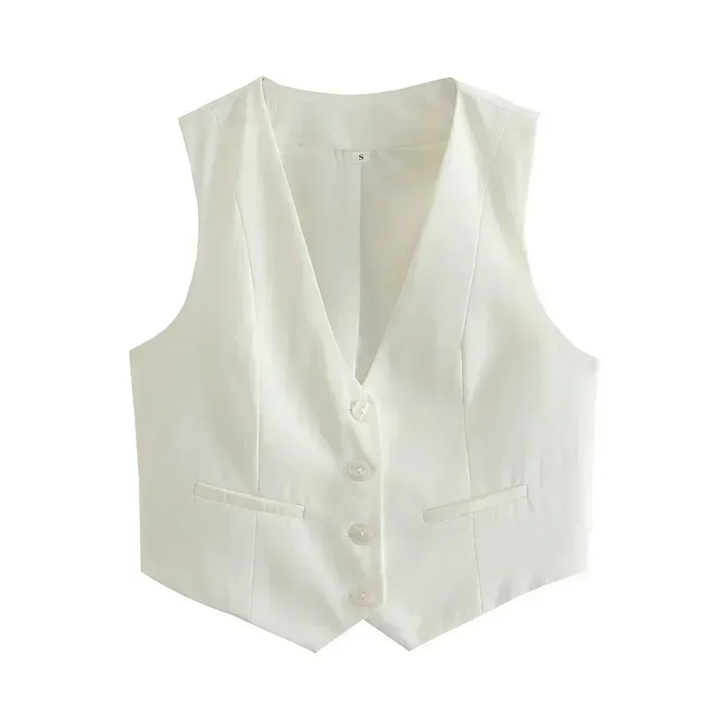 Women New Fashion Cropped V Neck Solid Casual Vest Vintage Sleeveless Button-up Female Waistcoat Chic Tops