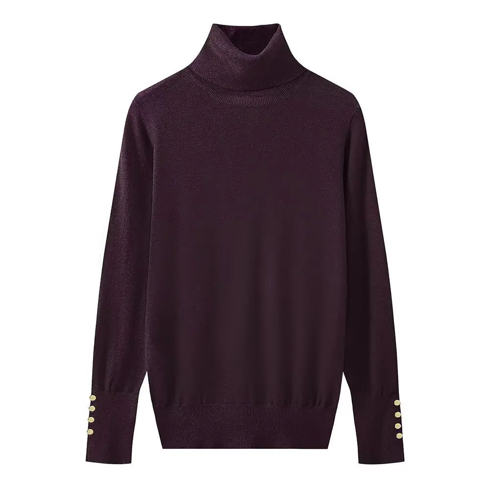 Women's new fashion Cuff button decoration casual versatile basic style knitted top retro high neck women's pullover chic top