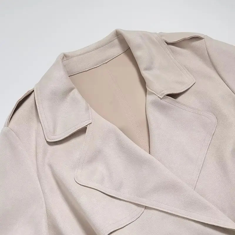 Women's new fashion with belt loose suede effect double breasted lapel coat retro long sleeved side pocket women's coat chic top