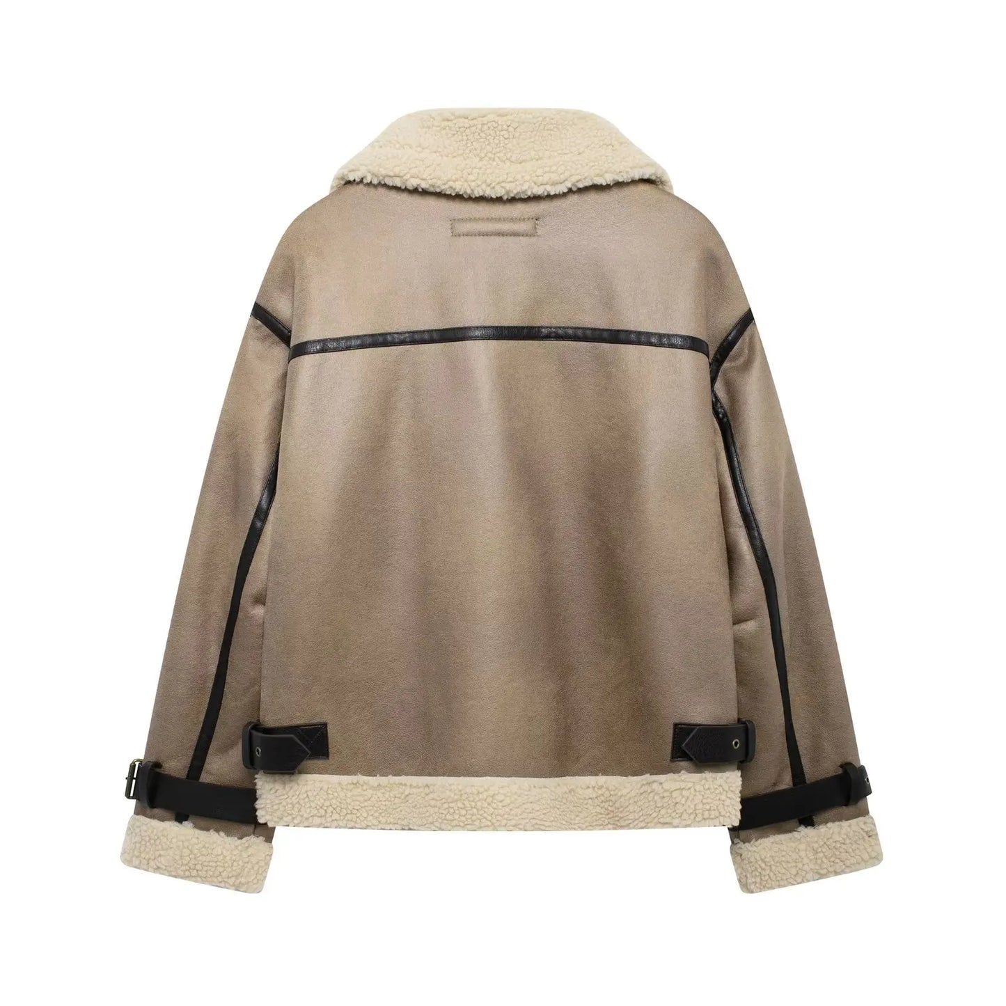 Women's winter fashion With pocket loose double-sided Fur Faux Leather jacket Coat retro long sleeved women's Coat chic top