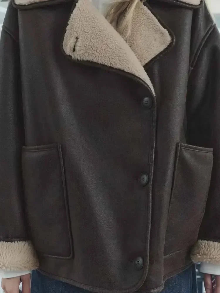 Women's winter new fashion loose single breasted double-sided Fur Faux Leather jacket retro long sleeved women's Coat chic top