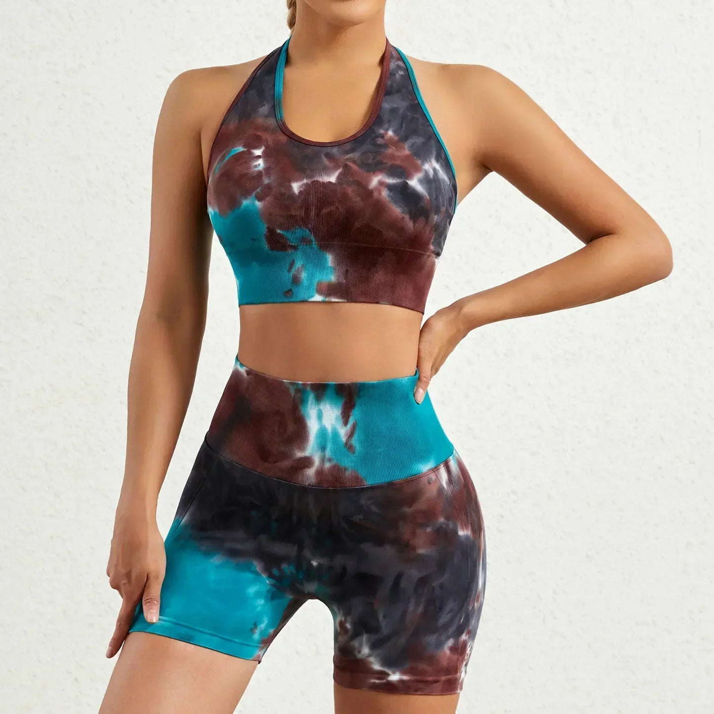 Women's New Seamless Yoga Clothes Fitness Suit High Waist Hip-lifting Fitness Pants Tie-dyed Sports Vest Running Shorts.