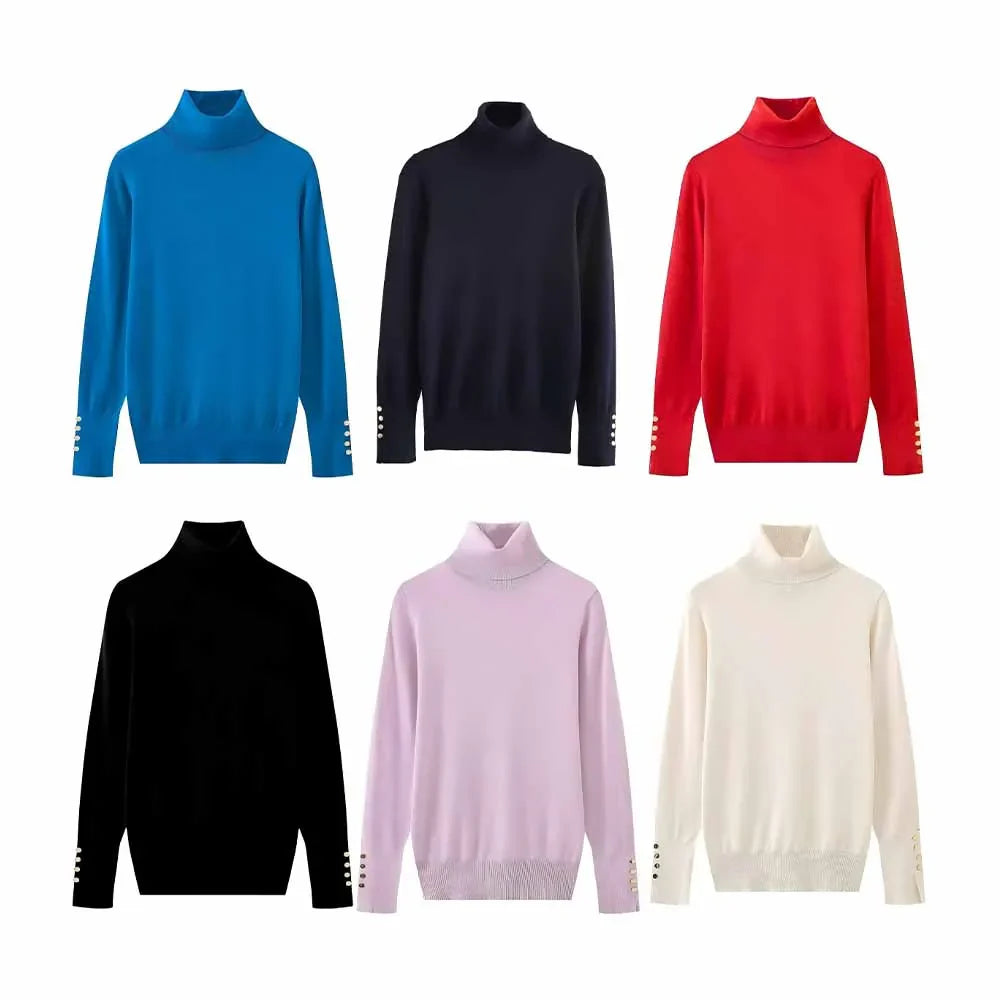 Women's new fashion Cuff button decoration casual versatile basic style knitted top retro high neck women's pullover chic top