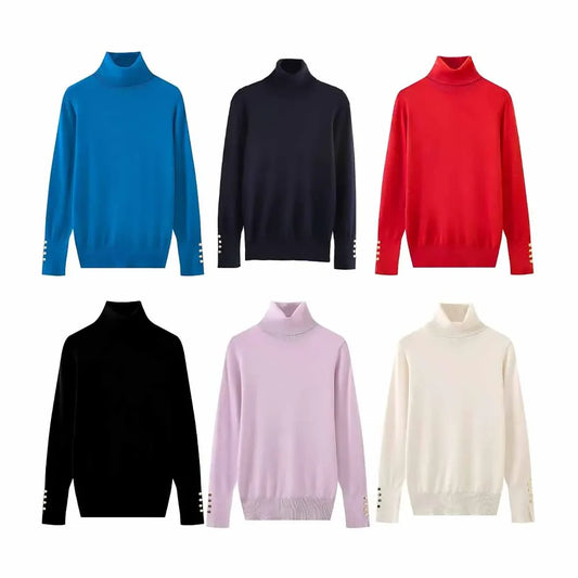 Women's new fashion Cuff button decoration casual versatile basic style knitted top retro high neck women's pullover chic top