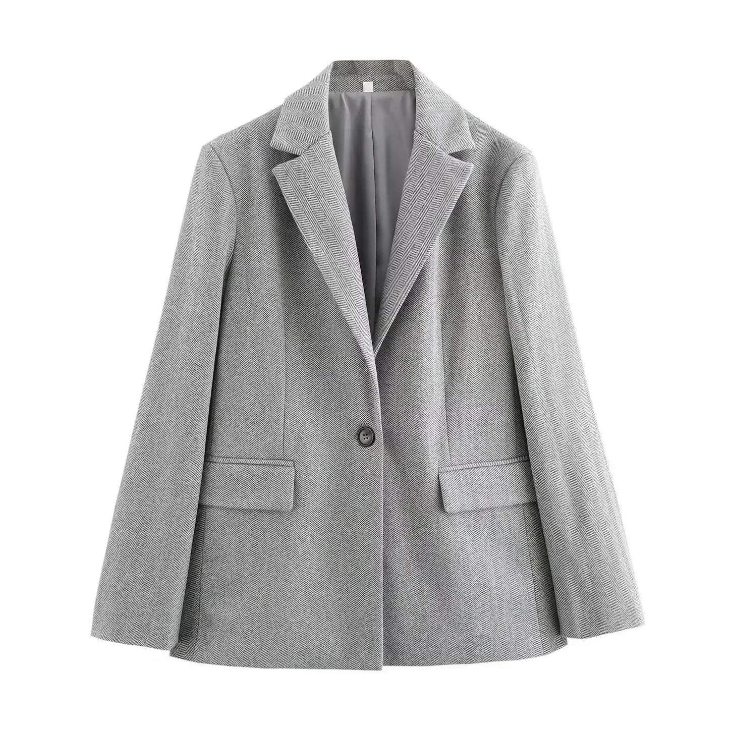 Ladies' 2024 new fashion flip decoration loose herringbone diagonal suit coat retro long sleeved button up women's coat chic top