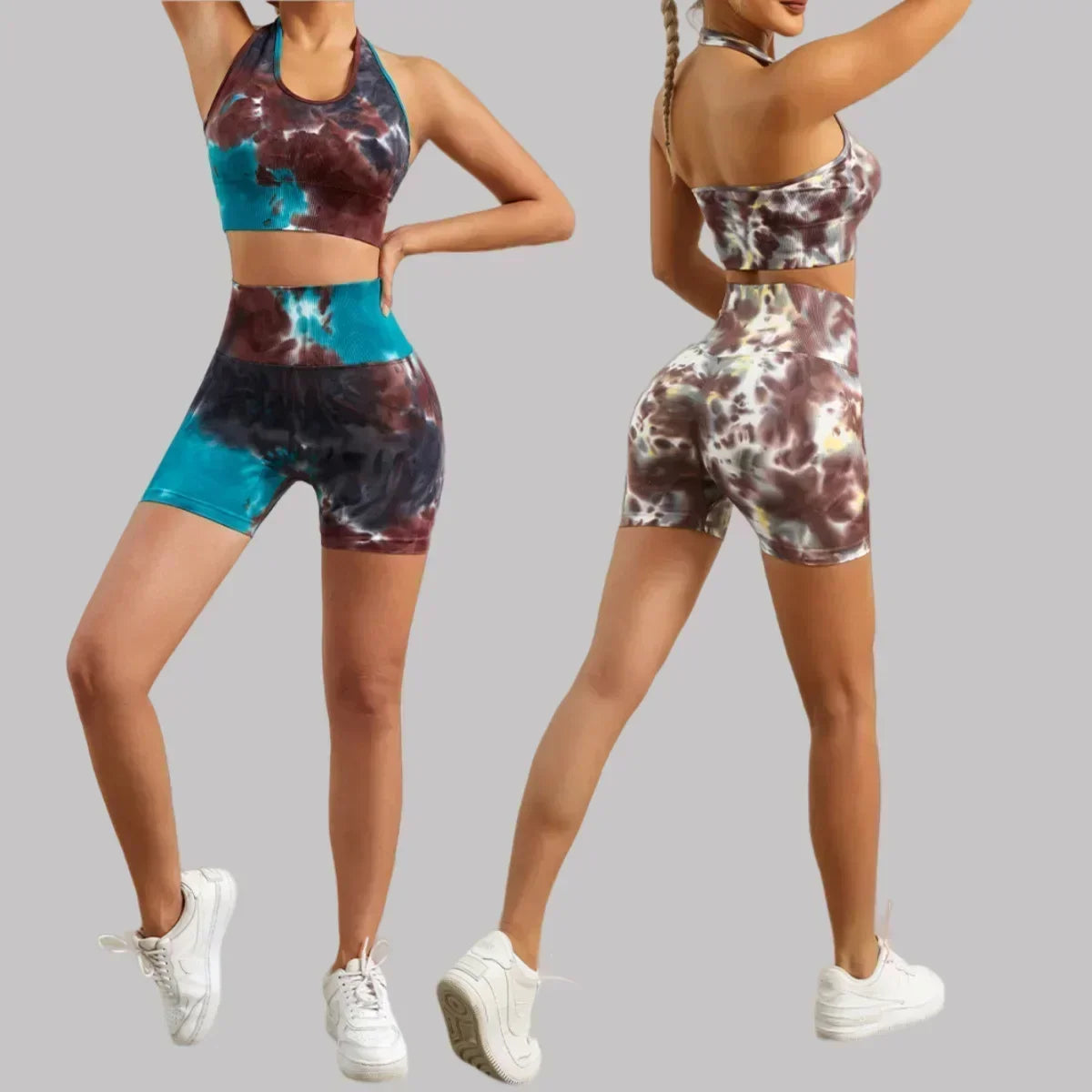 Women's New Seamless Yoga Clothes Fitness Suit High Waist Hip-lifting Fitness Pants Tie-dyed Sports Vest Running Shorts.