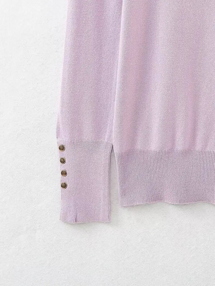 Women's new fashion Cuff button decoration casual versatile basic style knitted top retro high neck women's pullover chic top