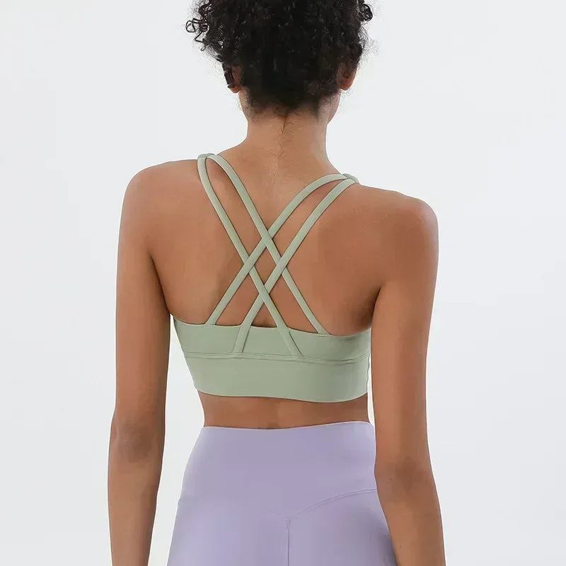 Yoga New Double-sided Sanding Cross Back Sports Bra Shockproof Gathered Yoga Bra Fitness.