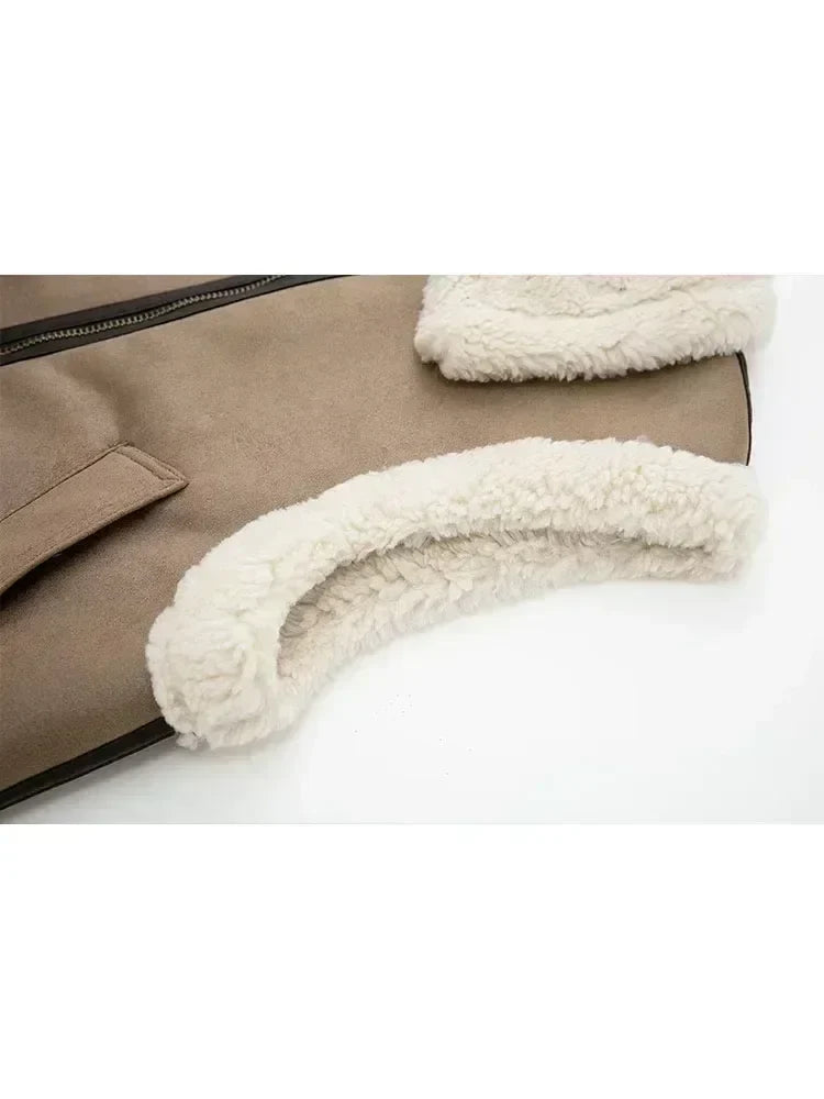 Women 2024 autumn New Fashion Fleece stitching vest Vintage Sleeveless  Pockets Female Waistcoat Chic Tops