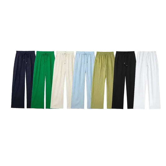Women's New Chic Fashion Loose Side Pocket Linen Blended Wide Leg Pants Retro Elastic Waist Drawstring Women's Pants Mujer